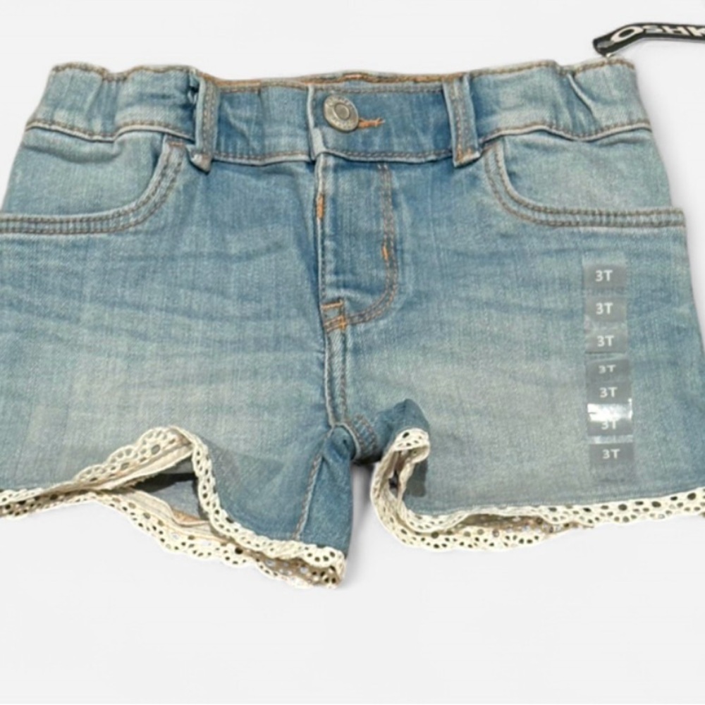 Girls' Light Blue Denim Shorts with Lace Trim - 3T